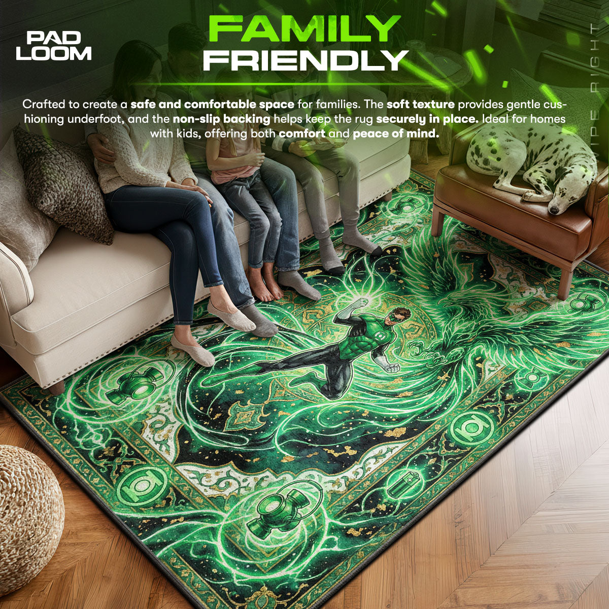 Green area rug showing full home decor artwork