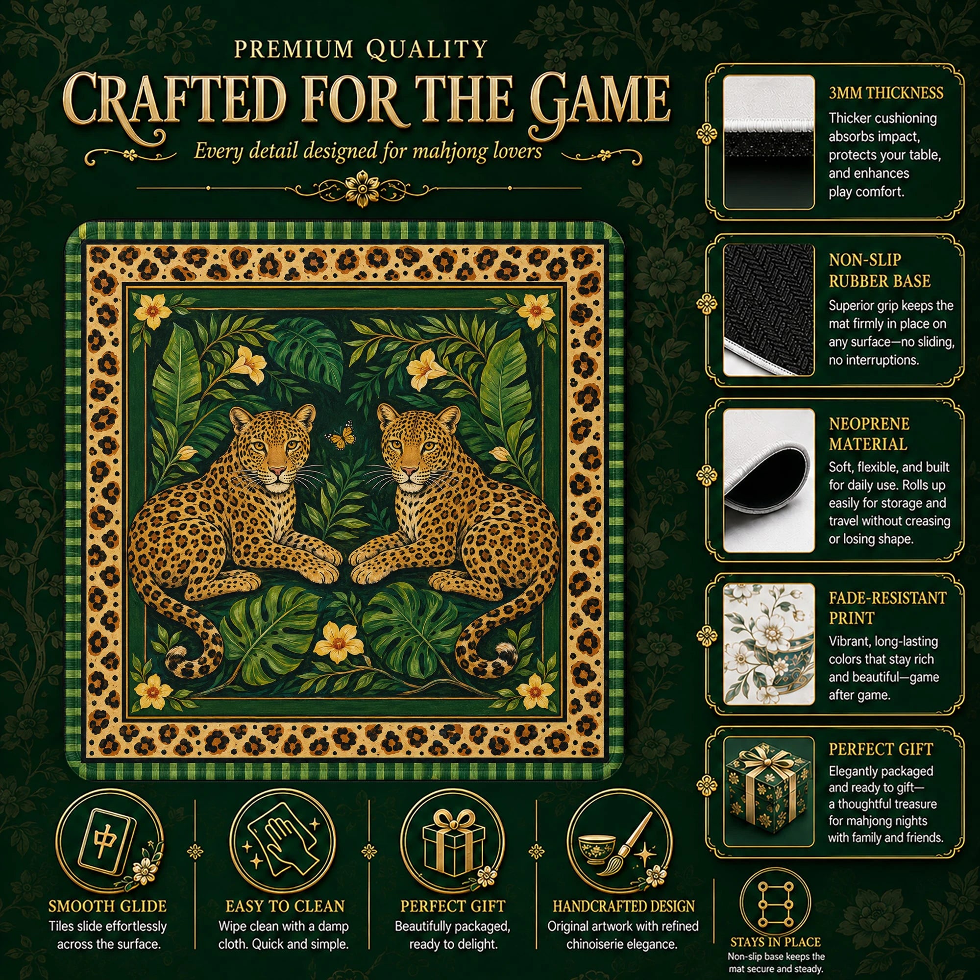 Green Leopard Mahjong Mat – neoprene mah jongg table mat