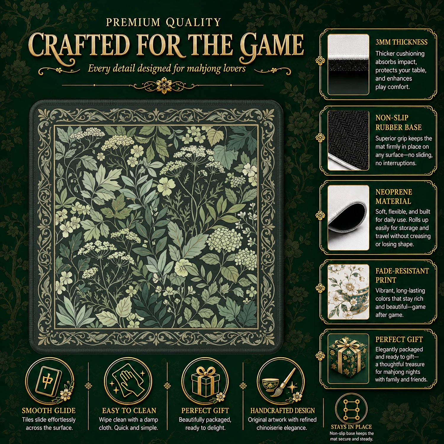 Green Morris Botanical Mahjong Mat - Mah Jongg Mat