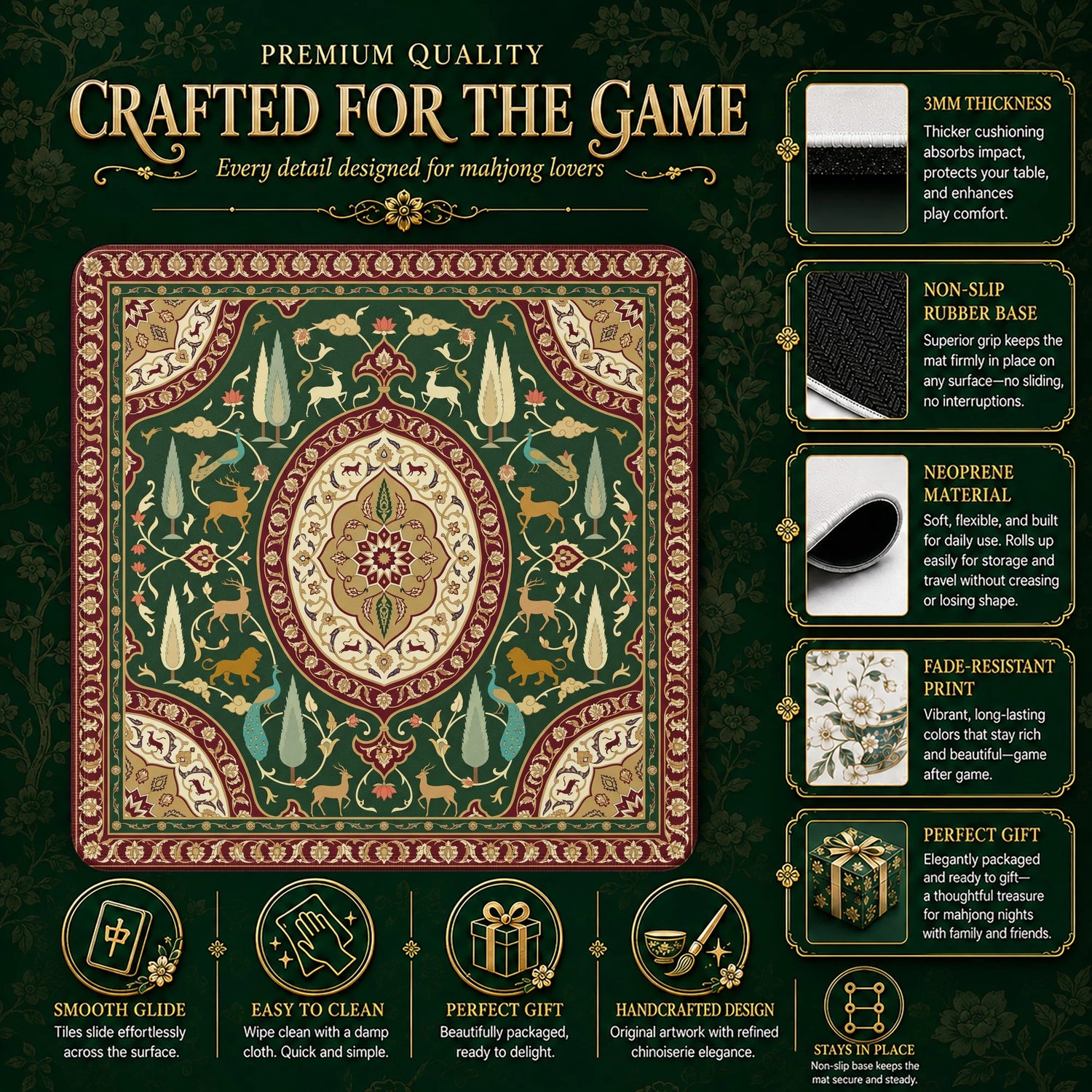 Green Persian Garden Mahjong Mat - Mah Jongg Mat