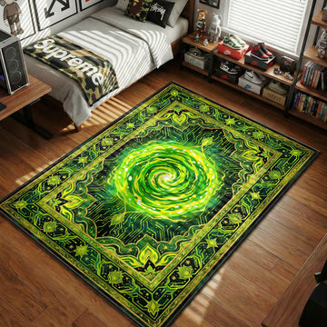Green portal vortex Rick and Morty area rug with circuit patterns on black tapestry