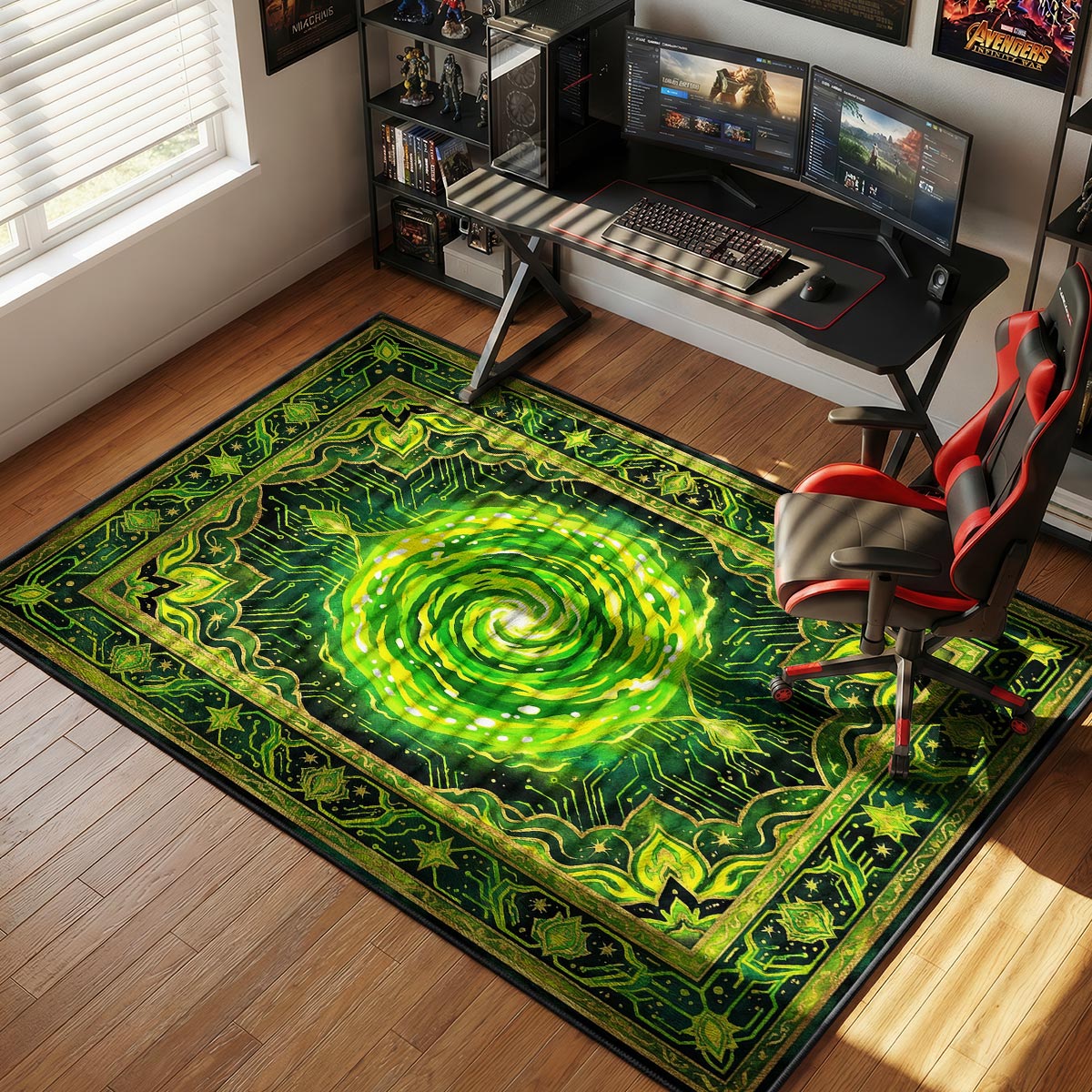 Portal vortex rug placed under a gaming desk in a dark room with green LED strip lighting