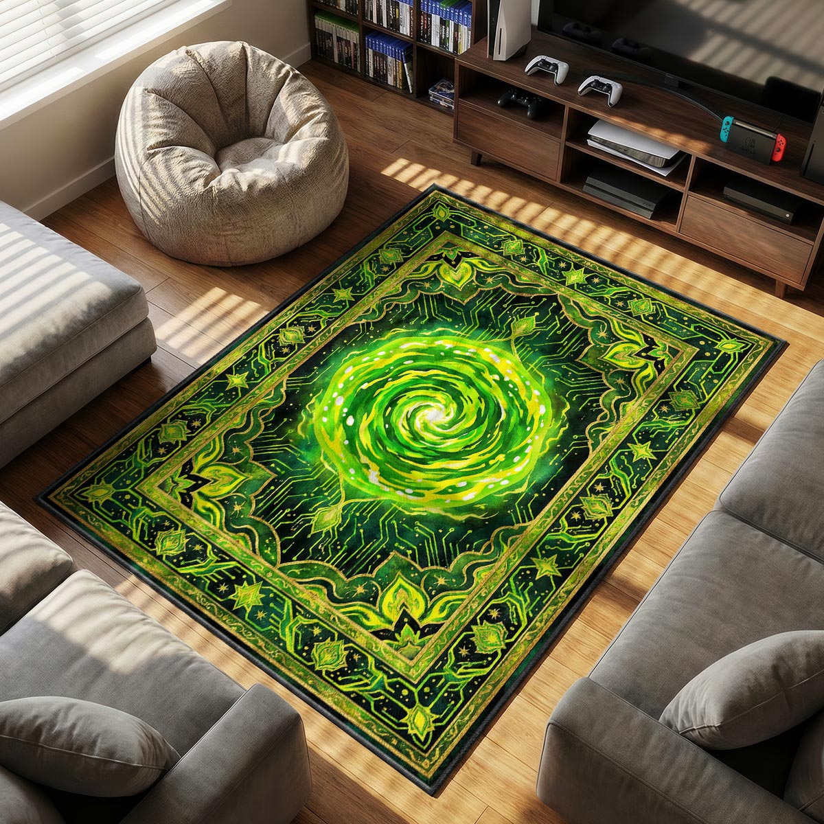 Close-up of portal vortex area rug showing neon green gradient and circuit board print detail