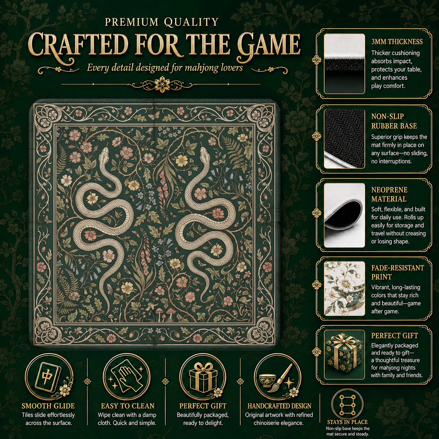 Green Serpent Morris Mahjong Mat - Mah Jongg Mat