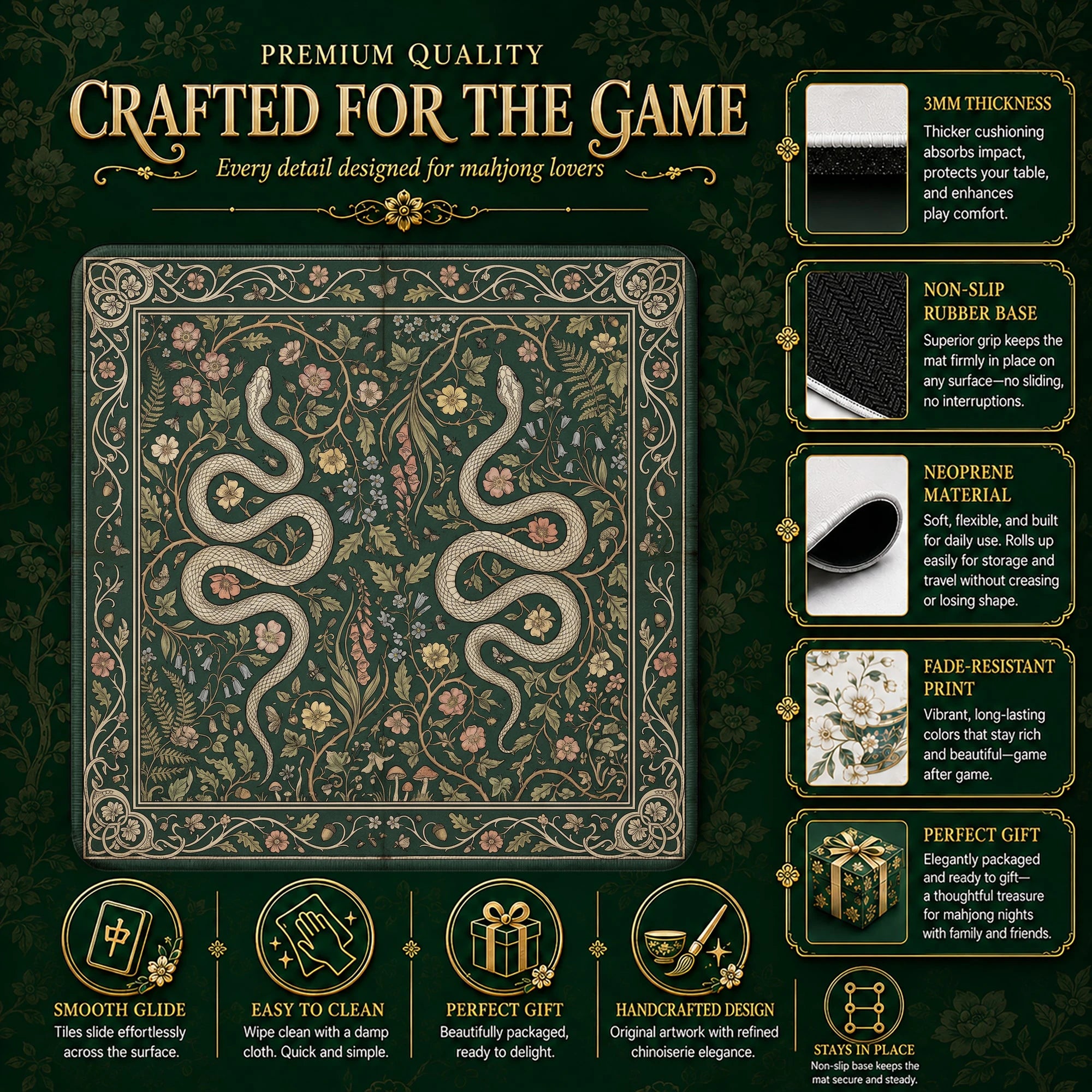 Green Serpent Morris Mahjong Mat - Mah Jongg Mat