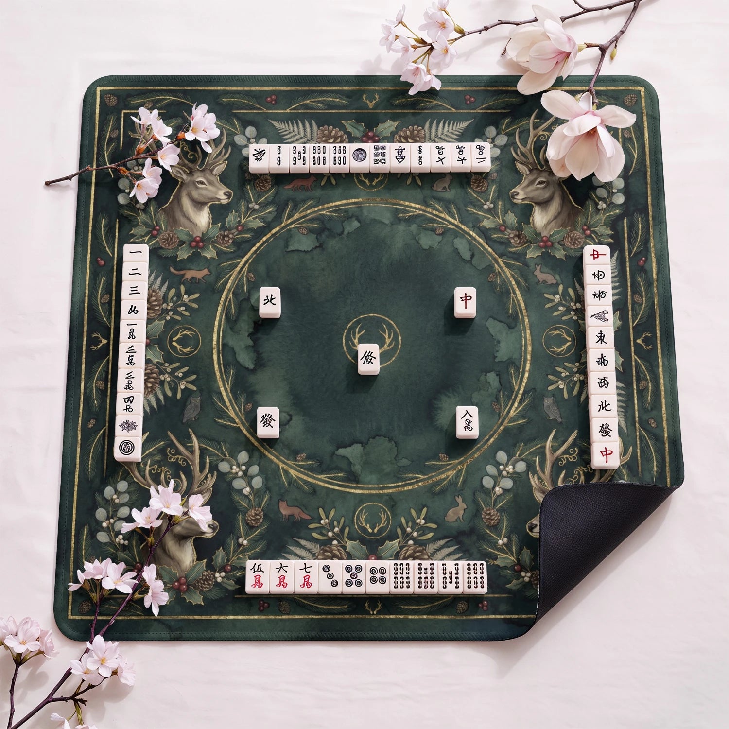 Green Woodland Stag Mahjong Mat - Mah Jongg Mat