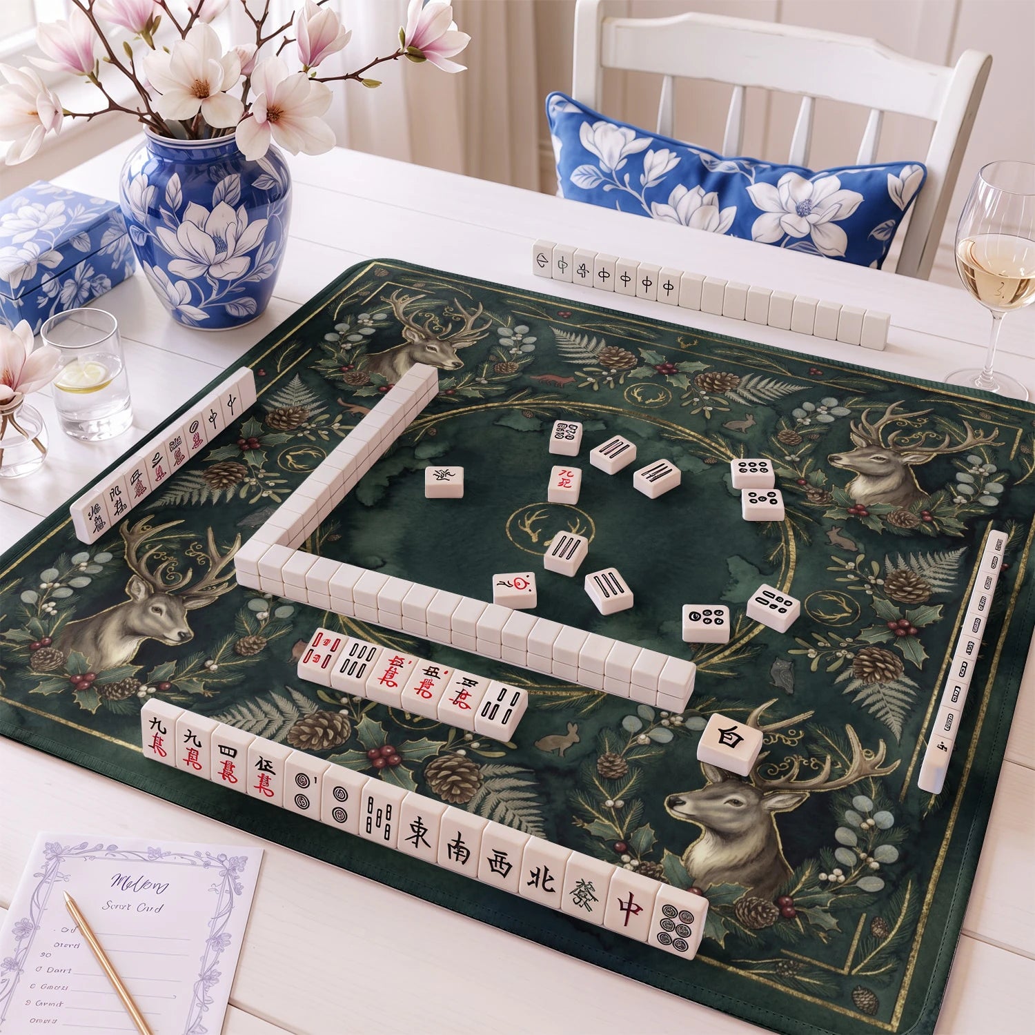 Green Woodland Stag Mahjong Mat - Mah Jongg Mat