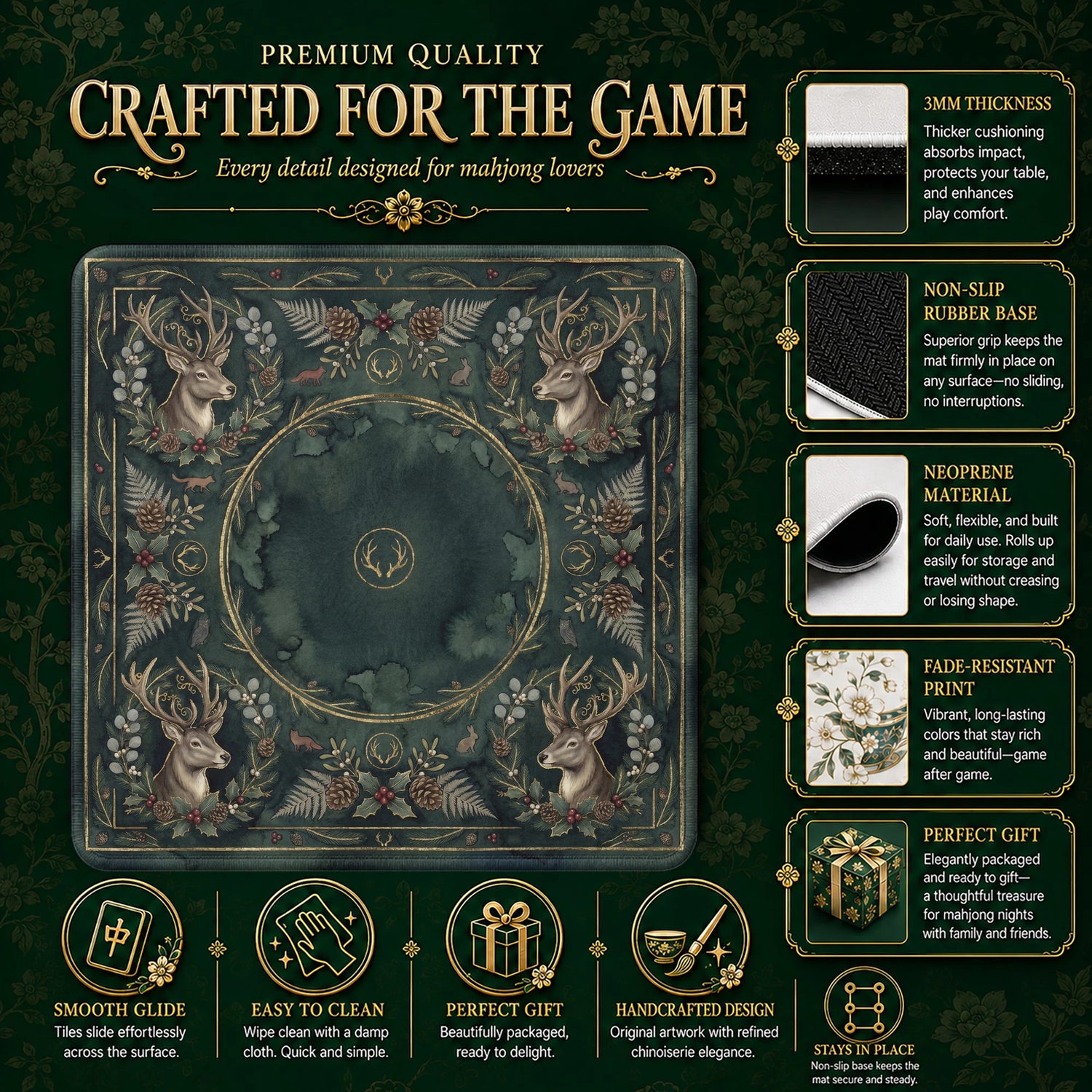 Green Woodland Stag Mahjong Mat - Mah Jongg Mat