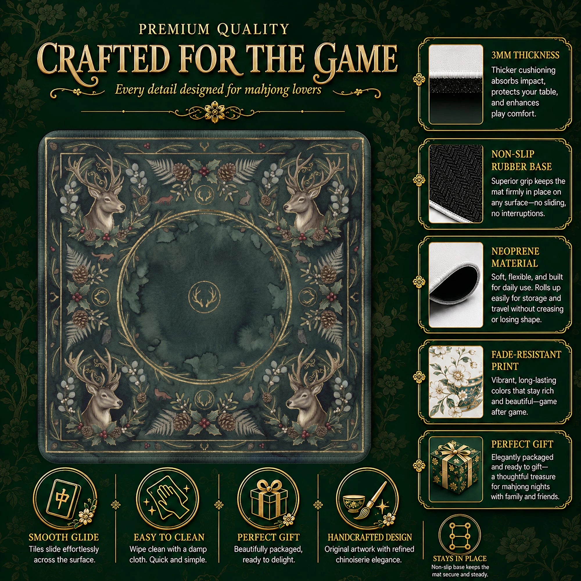Green Woodland Stag Mahjong Mat - Mah Jongg Mat