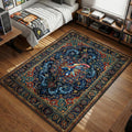 Greninja crouching in a traditional blue and red Persian ornamental pattern area rug and floor mat