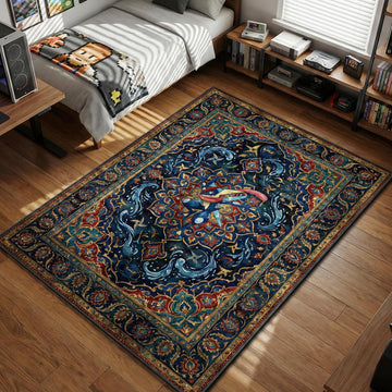 Greninja crouching in a traditional blue and red Persian ornamental pattern area rug and floor mat