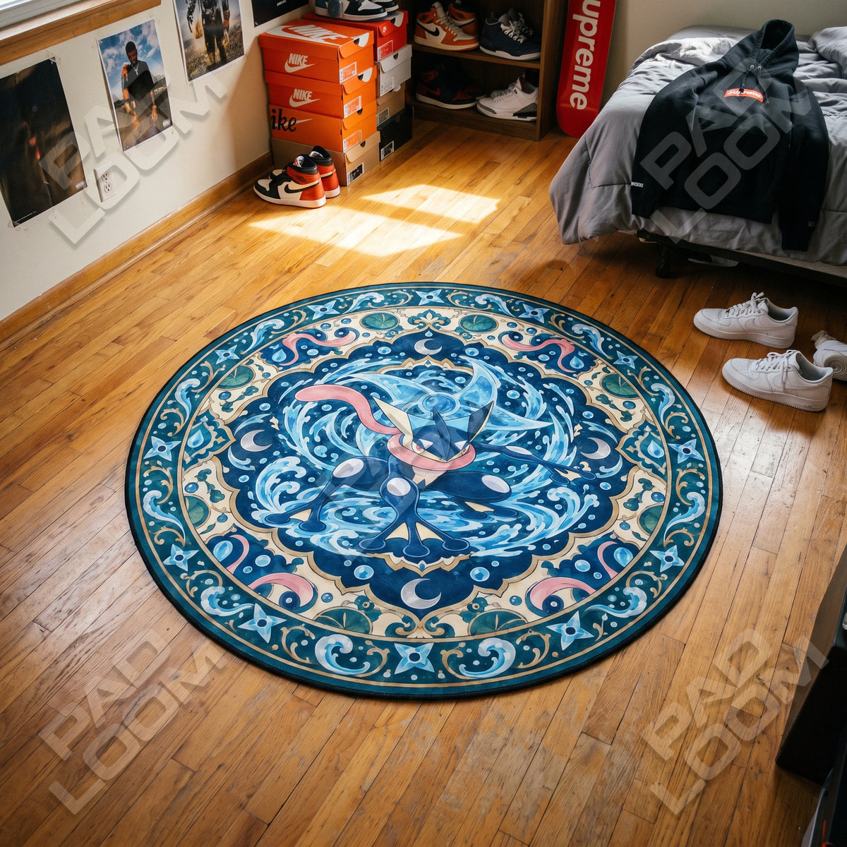 Greninja Tidal Pokemon round rug on a bedroom floor - Pokemon chair mat