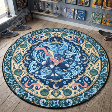 Greninja Tidal round rug shown in a styled room - Pokemon area rug