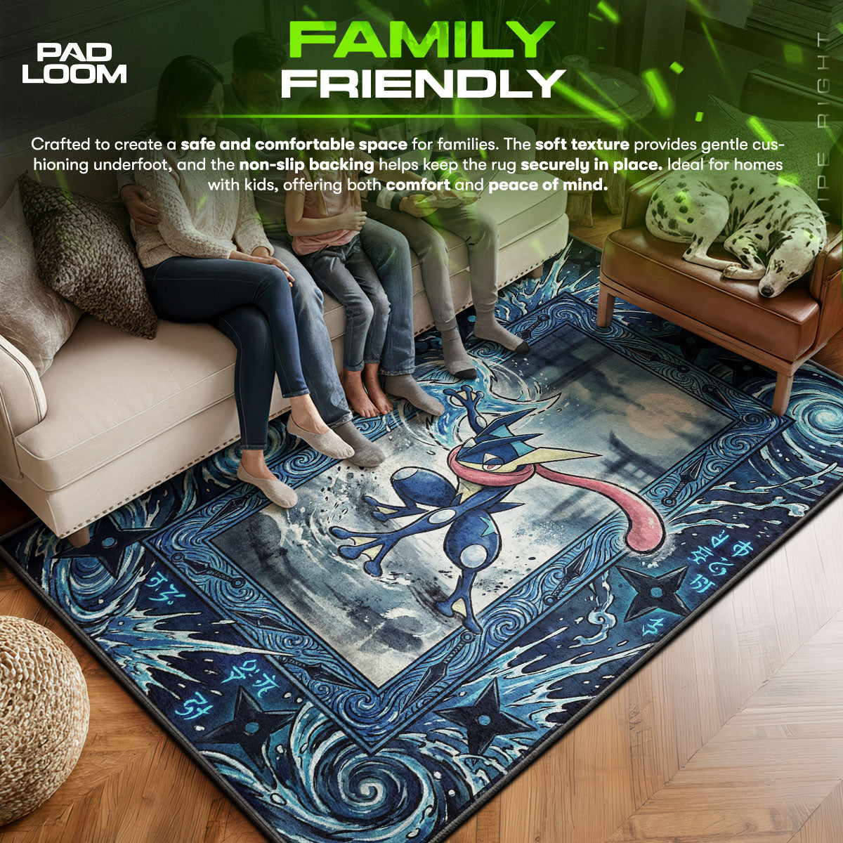 Greninja area rug showing full home decor artwork