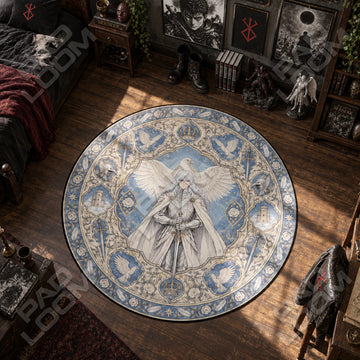 Griffith Falcon Berserk round rug on a bedroom floor - Berserk chair mat
