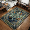 Griffith from Berserk in silver armor tarot card style with intricate floral borders and owls area rug and floor mat