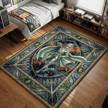 Griffith from Berserk in silver armor tarot card style with intricate floral borders and owls area rug and floor mat