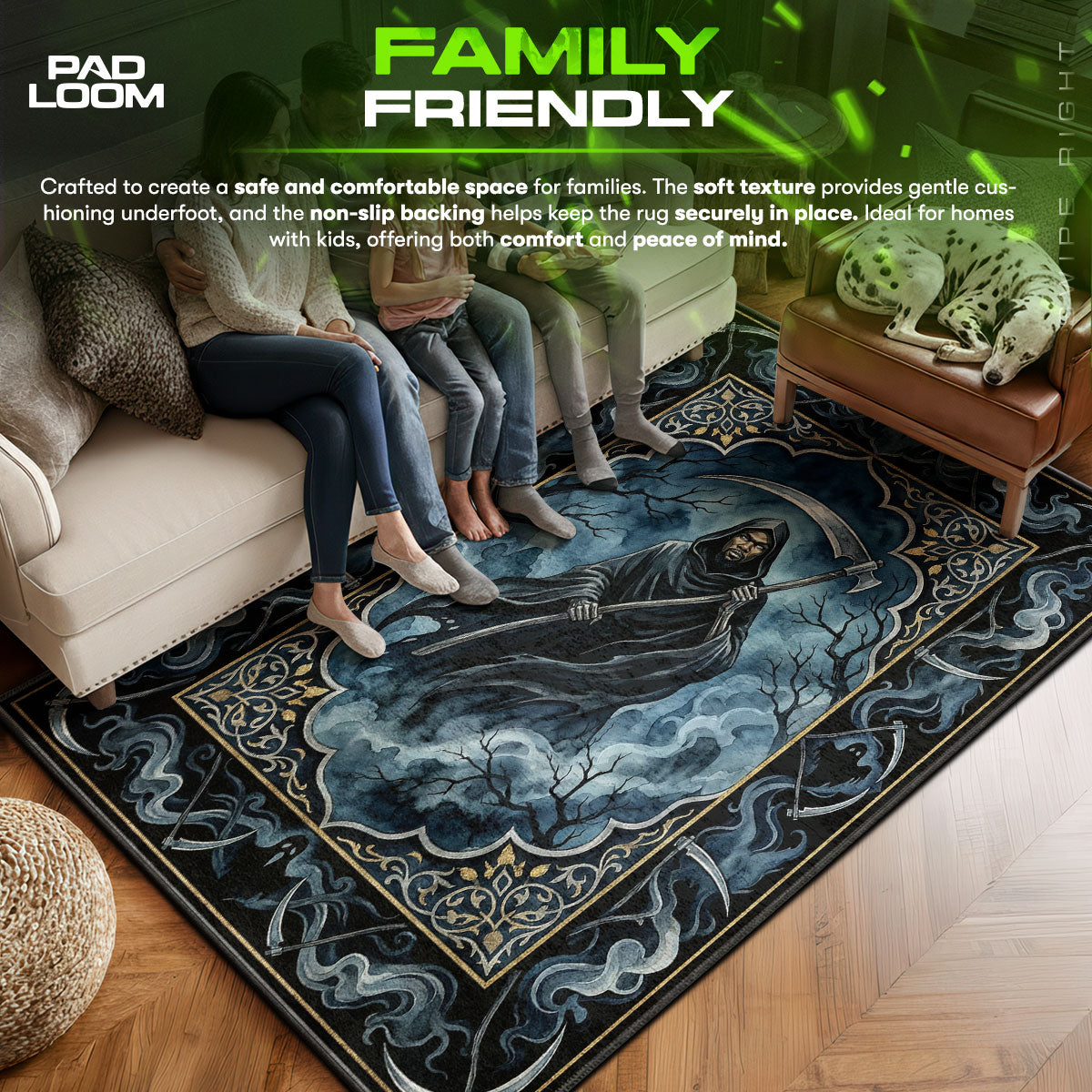 Grim area rug showing full Gothic artwork