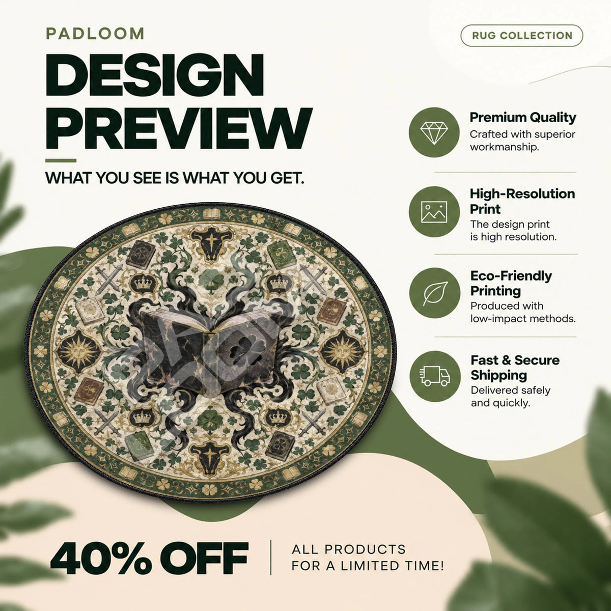Grimoire Emerald Black Clover round rug full design preview