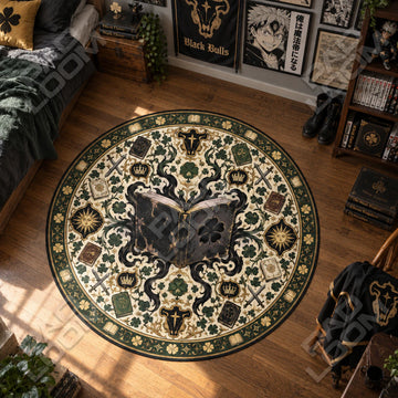 Grimoire Emerald Black Clover round rug on a bedroom floor - Black Clover chair mat