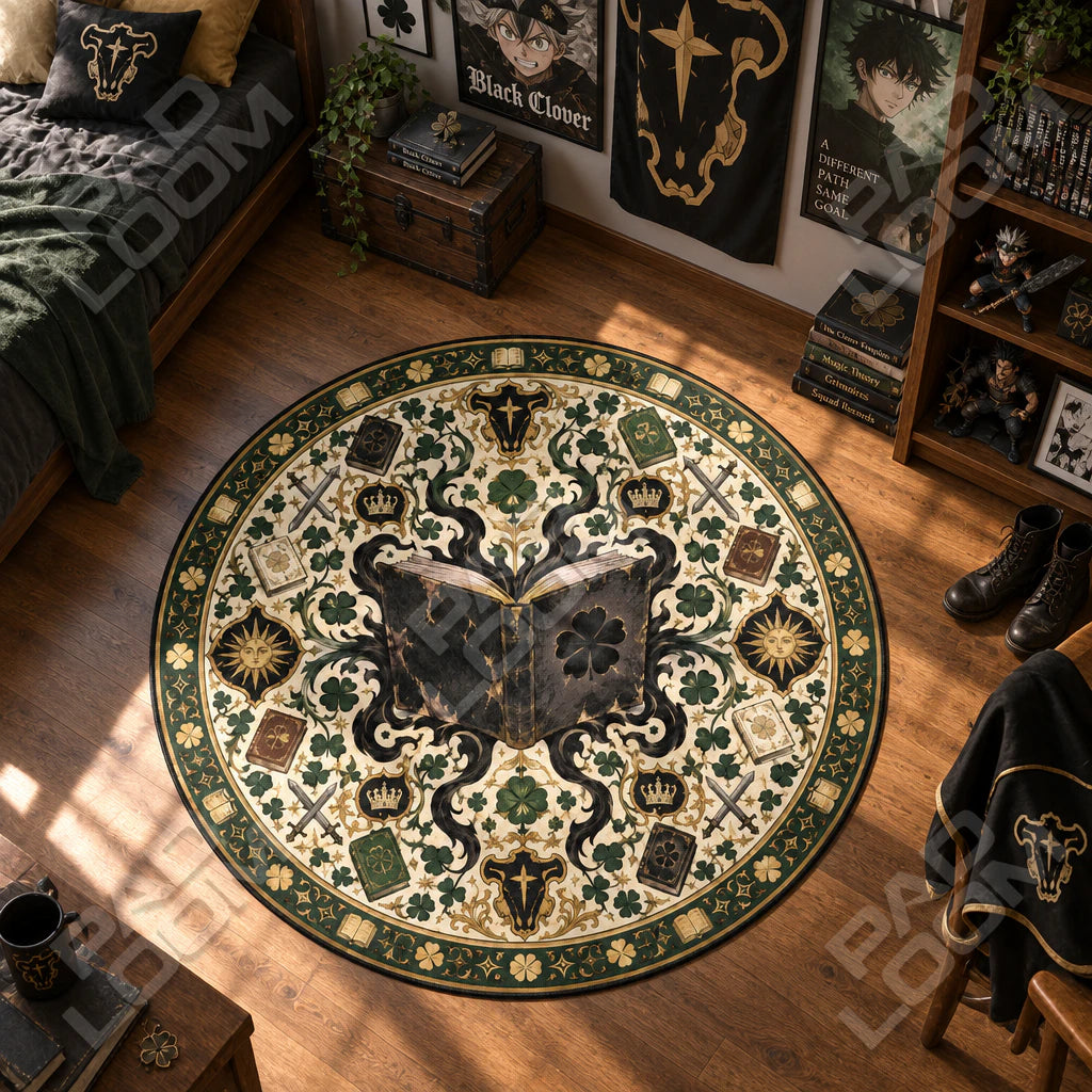 Grimoire Emerald round rug shown in a styled room - Black Clover area rug