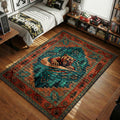 Grizzly bear tribal rug in teal and rust with roaring bear motif, pine trees and paw print geometric border