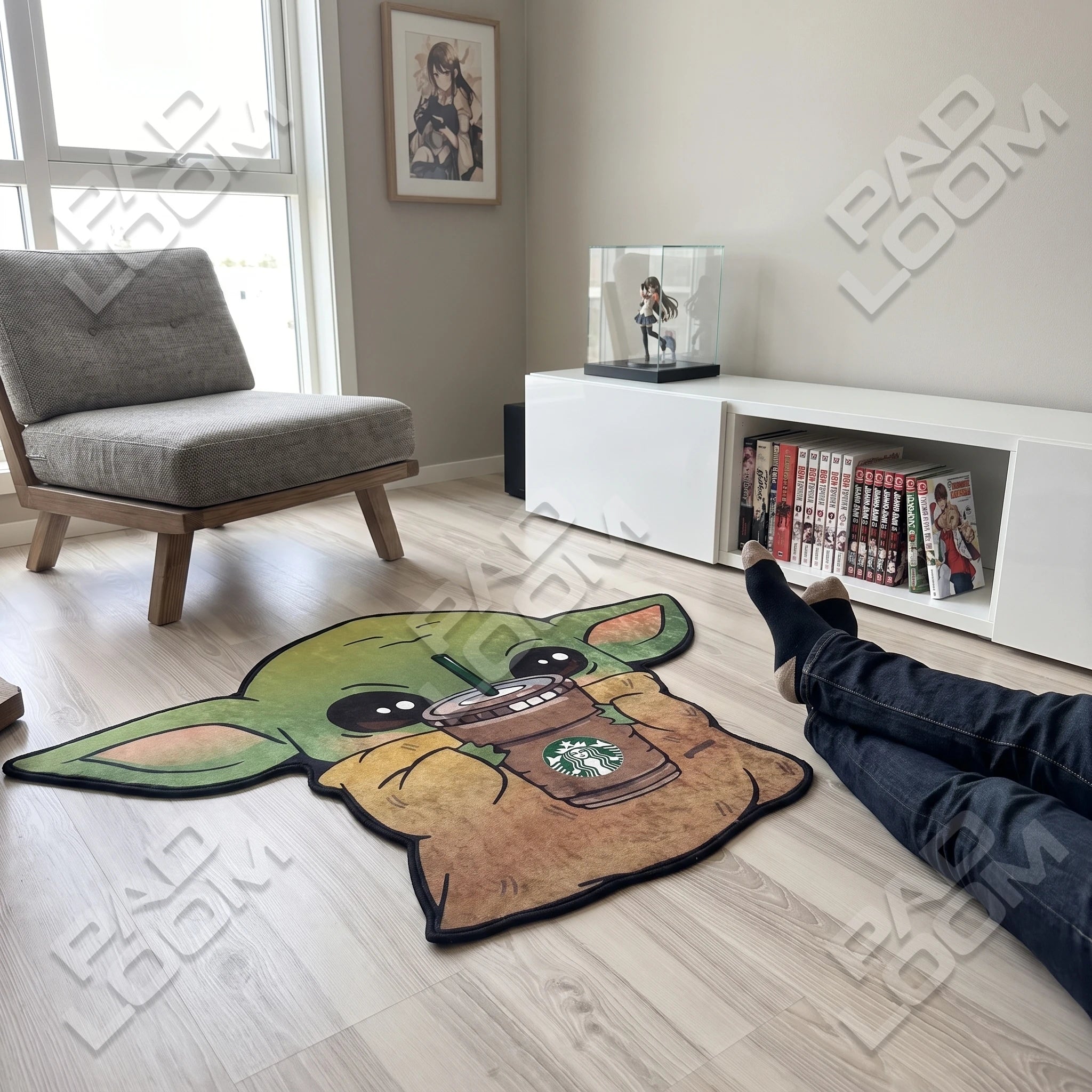 Grogu Coffee shaped rug shown in a room setting