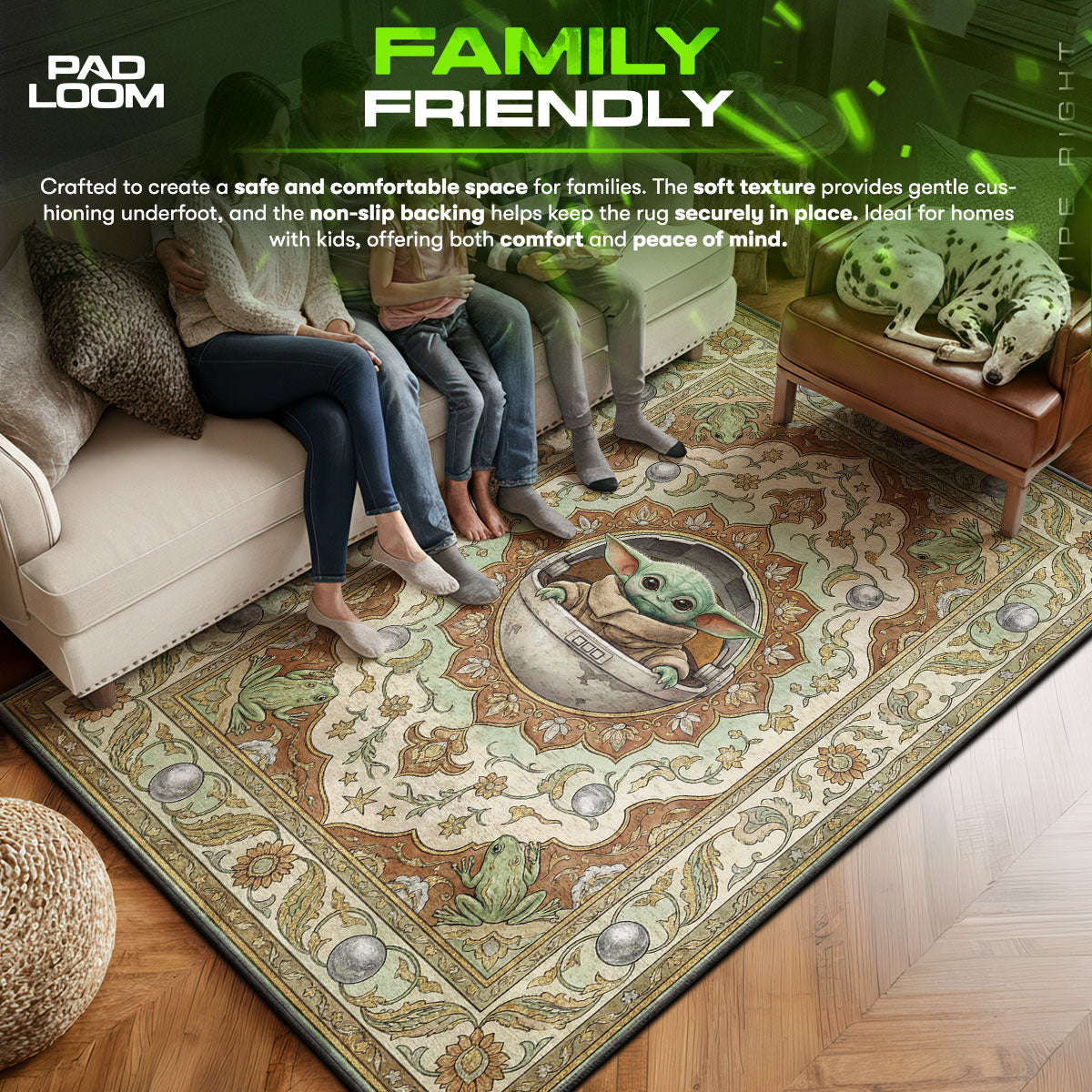 Grogu area rug showing full Vintage artwork