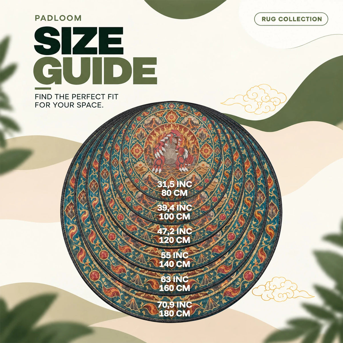 Groudon Magma round rug size guide, 80 to 180 cm (31.5 to 70.9 in)
