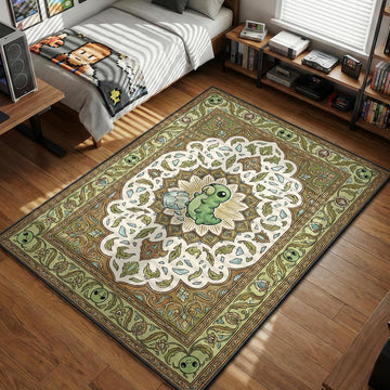 Cute green Grub holding a crystal surrounded by beige floral patterns and grub faces watercolor style gaming area rug and floor mat