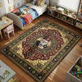 Grunkle Stan Gravity Falls area rug with dollar signs and 8-balls on crimson green tapestry