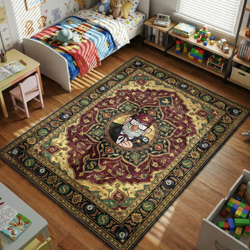 Grunkle Stan Gravity Falls area rug with dollar signs and 8-balls on crimson green tapestry