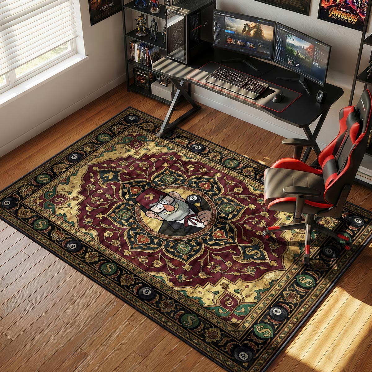 Grunkle Stan rug in a study with dark wood desk and vintage lamp on warm brown floor