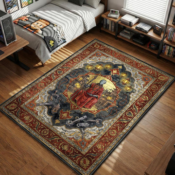 Robot Guardian from Stray wearing red robes and holding a staff surrounded by lanterns and tools illustration gaming area rug and floor mat