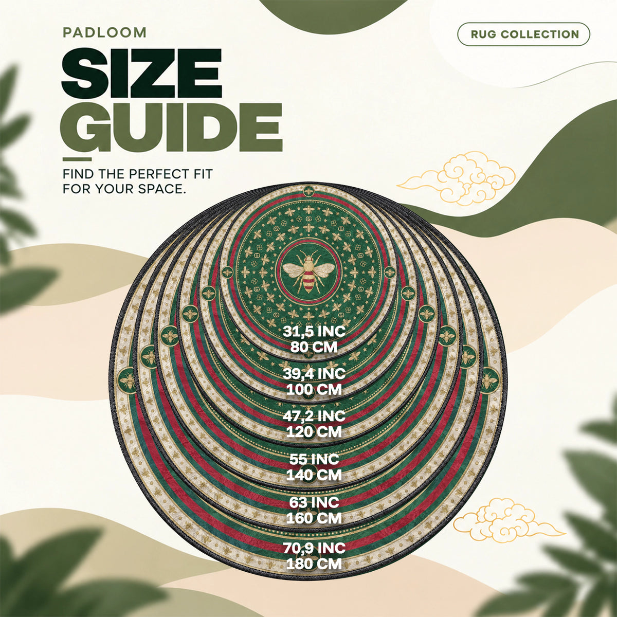 Gucci Bee round rug size guide, 80 to 180 cm (31.5 to 70.9 in)
