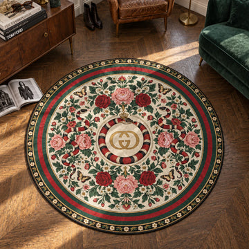 Gucci Coiled hypebeast round rug on a bedroom floor - hypebeast chair mat