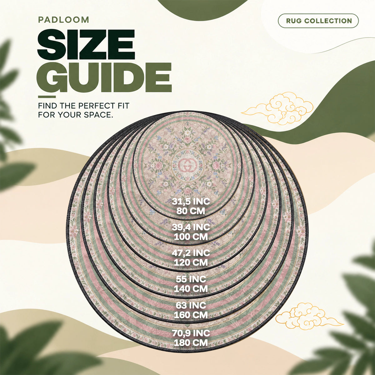 Gucci Floral round rug size guide, 80 to 180 cm (31.5 to 70.9 in)