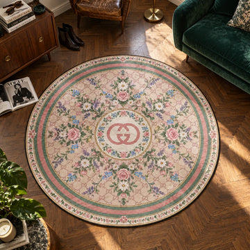 Gucci Floral hypebeast round rug on a bedroom floor - hypebeast chair mat