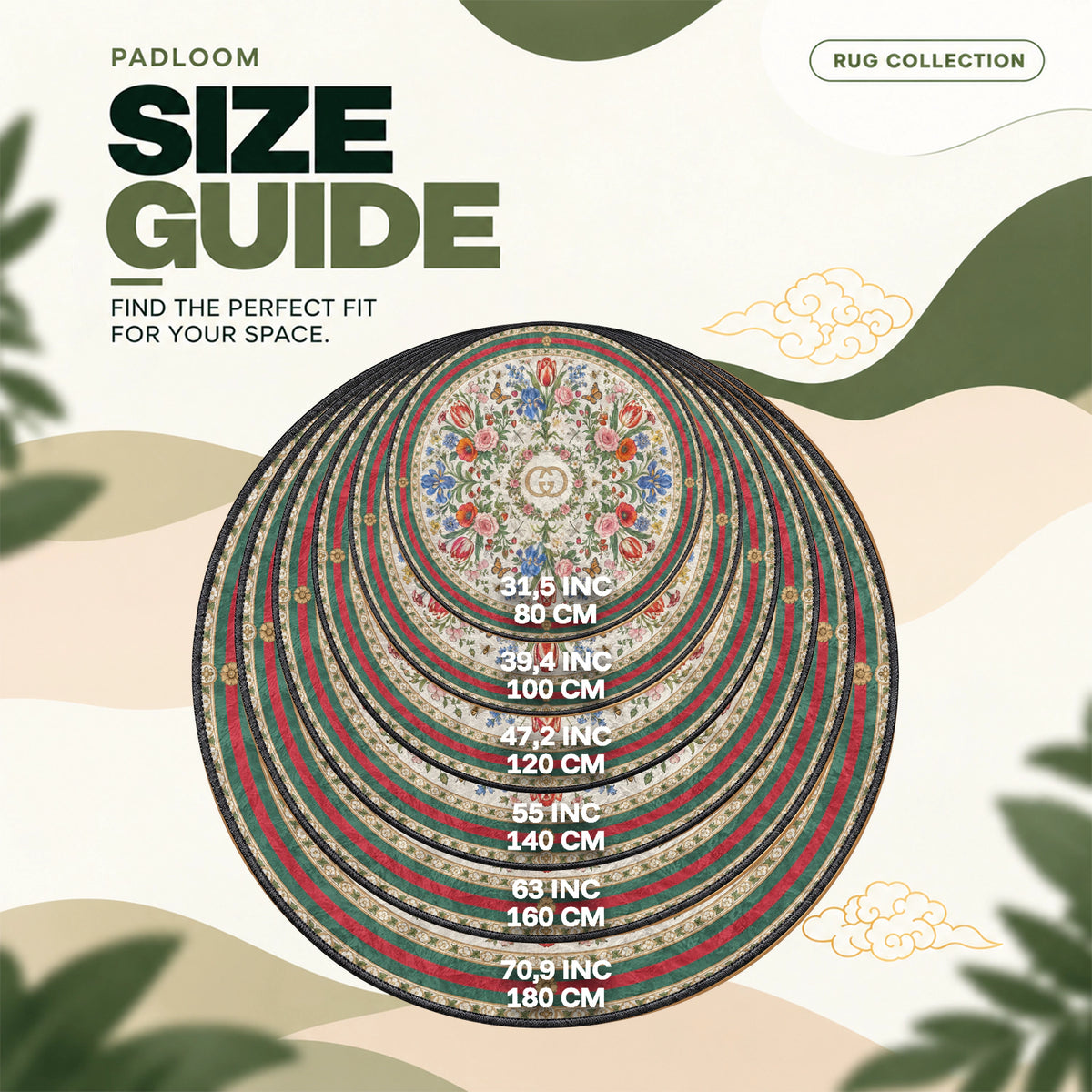 Gucci Garden round rug size guide, 80 to 180 cm (31.5 to 70.9 in)