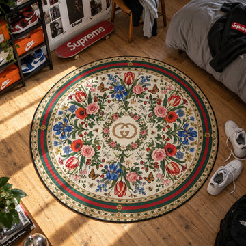Gucci Garden hypebeast round rug on a bedroom floor - hypebeast chair mat