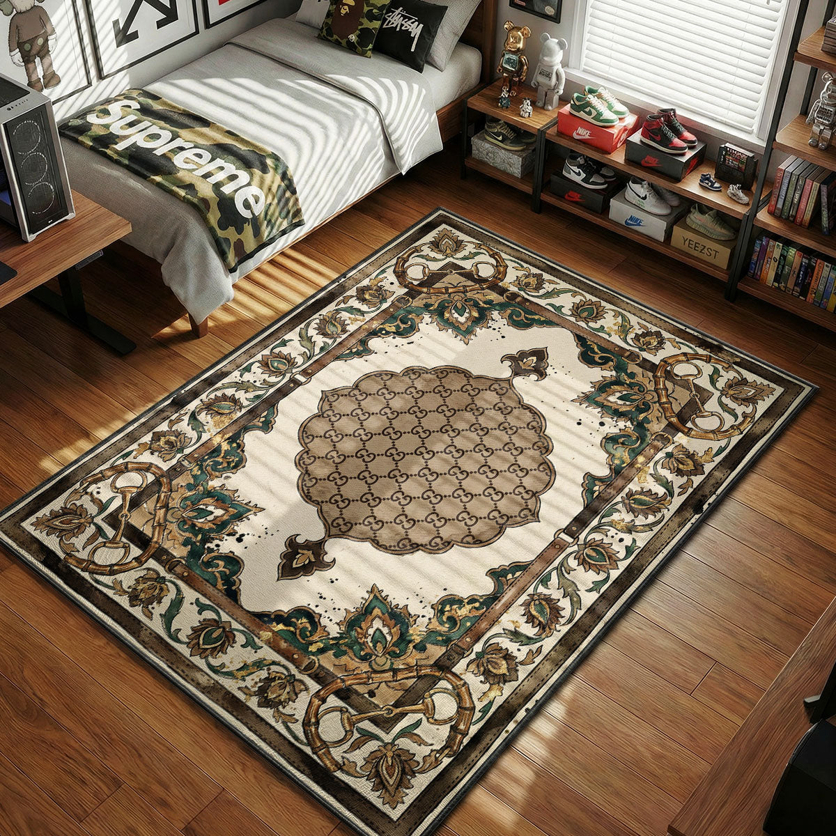 Gucci GG Monogram beige and green horsebit hypebeast area rug