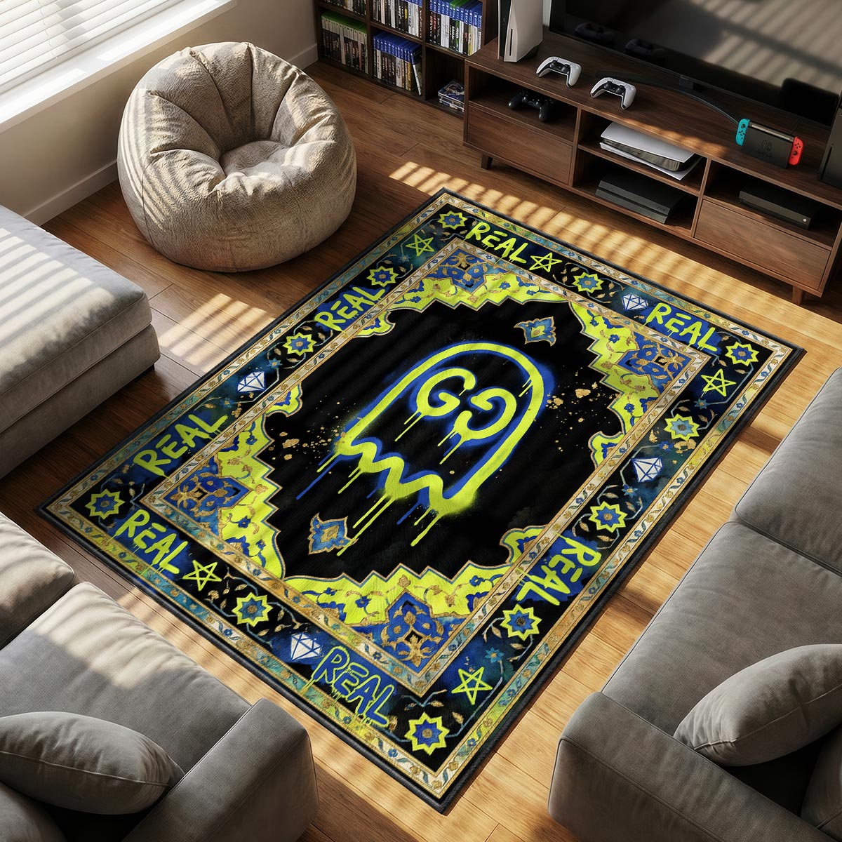 Gucci Ghost Graffiti Rug - Neon Street Art Floor Mat