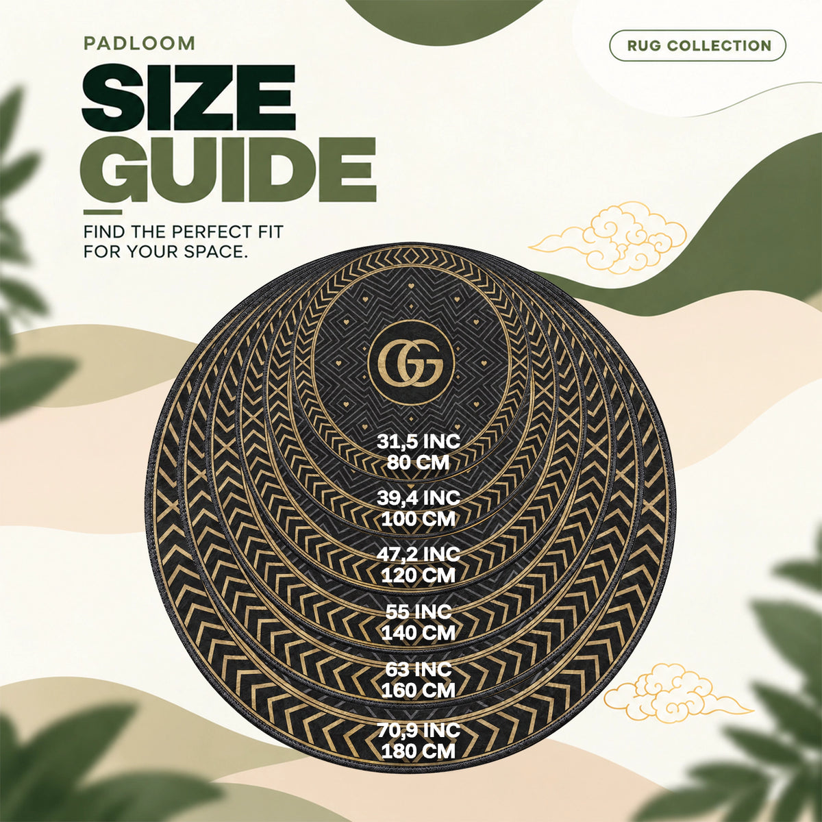Gucci Golden round rug size guide, 80 to 180 cm (31.5 to 70.9 in)