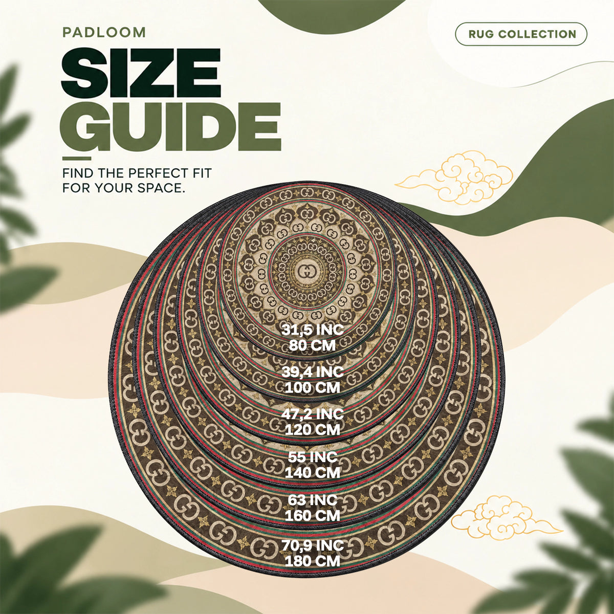 Gucci Medallion round rug size guide, 80 to 180 cm (31.5 to 70.9 in)