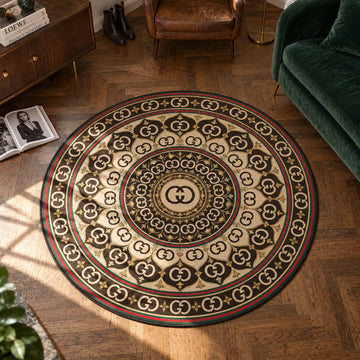 Gucci Medallion hypebeast round rug on a bedroom floor - hypebeast chair mat