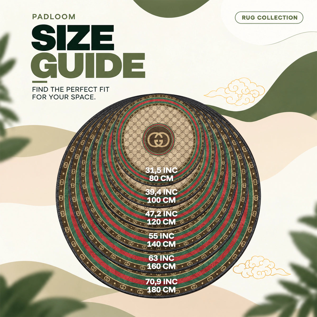 Gucci Monogram round rug size guide, 80 to 180 cm (31.5 to 70.9 in)