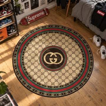 Gucci Monogram hypebeast round rug on a bedroom floor - hypebeast chair mat