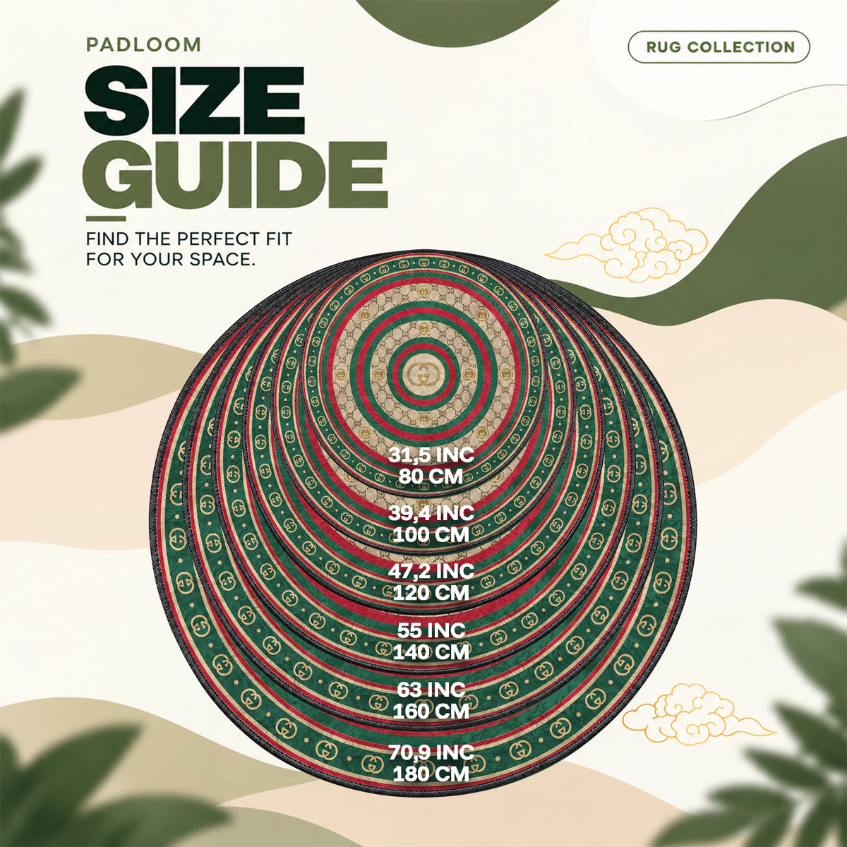 Gucci Stripe round rug size guide, 80 to 180 cm (31.5 to 70.9 in)