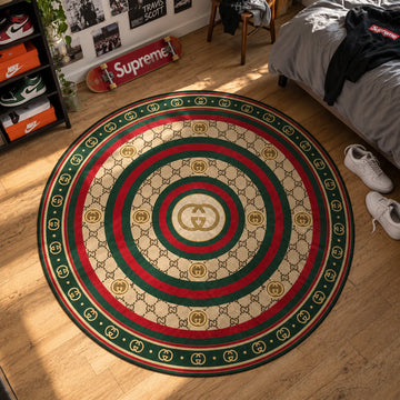 Gucci Stripe hypebeast round rug on a bedroom floor - hypebeast chair mat