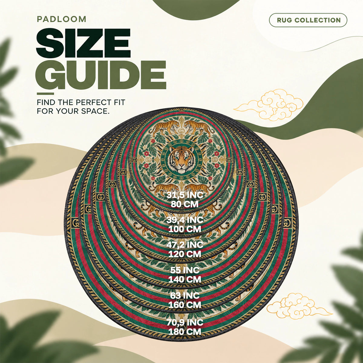 Gucci Tiger Jungle round rug size guide, 80 to 180 cm (31.5 to 70.9 in)